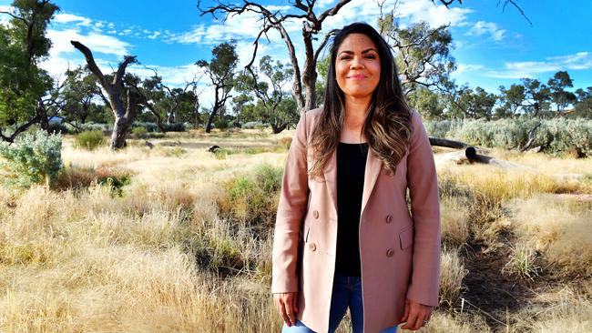 Newly elected Country Liberal Party senator Jacinta Nampijinpa Price outside Alice Springs on Monday. Picture: Chloe Erlich