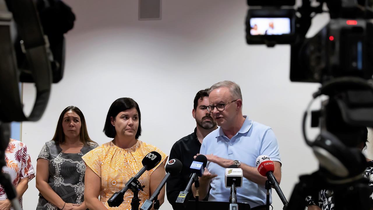 NT Chief Minister Natasha Fyles and Prime Minister Anthony Albanese address the media in Alice Springs after meeting with local leaders. Picture: NCA NewsWire / Sabine Haider