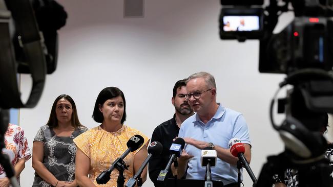 NT Chief Minister Natasha Fyles and Prime Minister Anthony Albanese address the media in Alice Springs after meeting with local leaders. Picture: NCA NewsWire / Sabine Haider