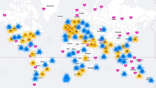 A map from Remove the Cap Facebook page shows where Australians are stranded overseas.