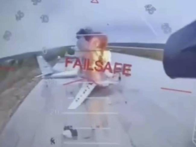 A Ukrainian drone striking Russian planes deep in Russia's territory. Picture: Ukrainian Security Service via AP