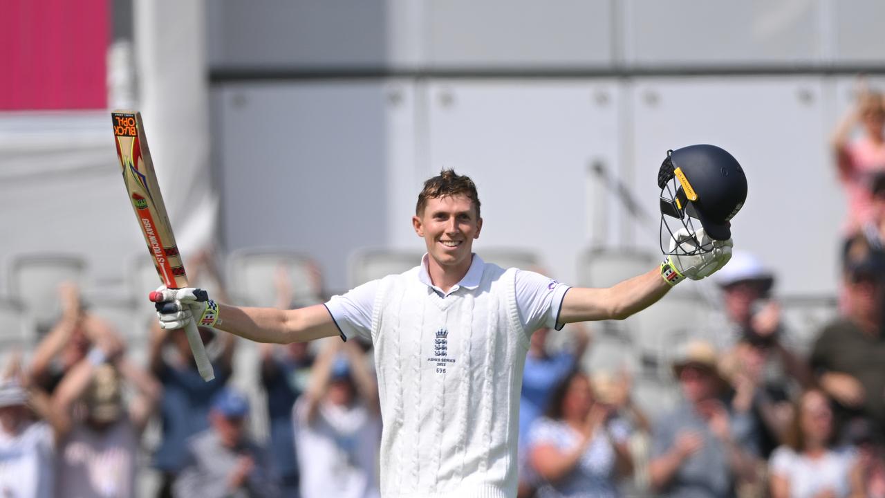 Zak Crawley celebrates his century against Australia at Old Trafford in Manchester, England. Picture: Stu Forster/Getty Images.