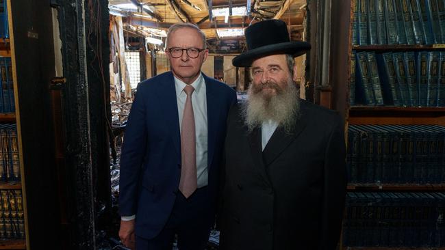 Prime Minister Anthony Albanese visiting the Adass Israel Synagogue in Melbourne after it was firebombed.