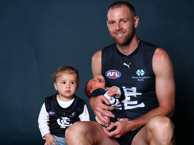 Sam Docherty with Ruby and Myles. Picture: Josh Chadwick