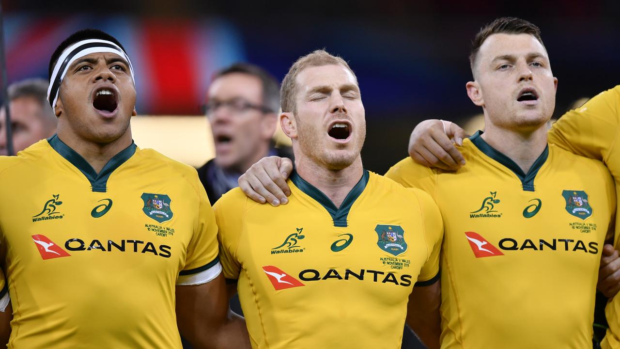 Allan Alaalatoa, David Pocock and Jack Dempsey of Australia sing the anthem.