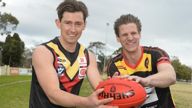 Bacchus Marsh captain Tyson Shea and Daniel Velden before the 2016 premiership.