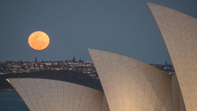 The supermoon rises above the skyline with the Sydney Opera House.