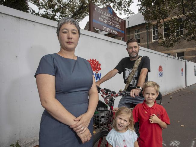 Jenny Leong, Greens MP for Newtown, hit out at the catchment area for the new Inner City High School. Local residents, Dylan Regtop, and his children, Olive, 4, and Dexter, 7. Picture: Quentin Jones