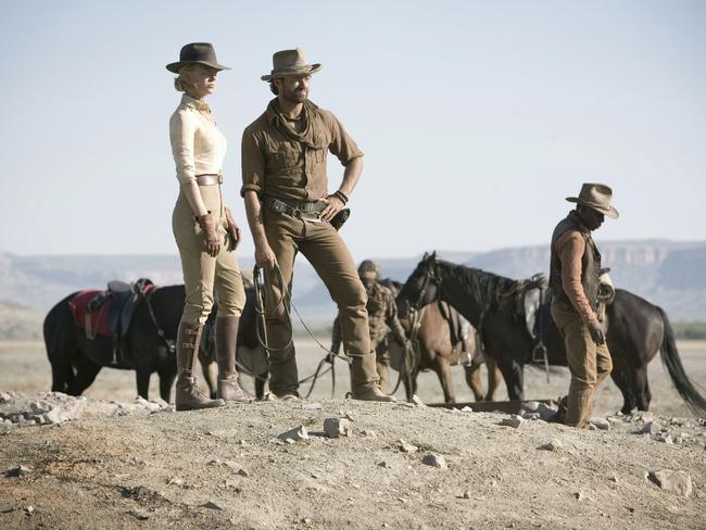 Actor Nicole Kidman with Hugh Jackman in scene from Baz Luhrmann film Australia.