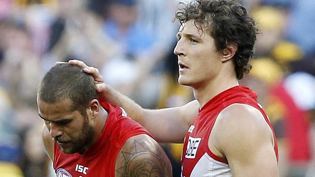 Lance Franklin and Kurt Tippett after the 2014 AFL Grand Final. Picture: David Caird.