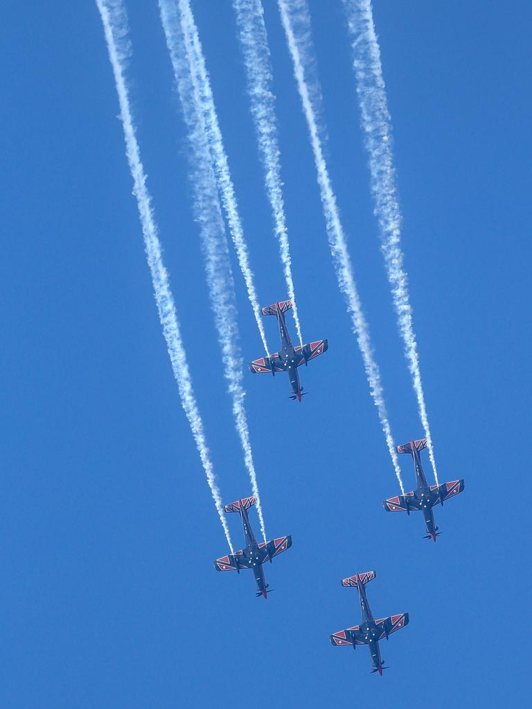 The RAAF Roulettes during the inaugural Pacific Airshow over Surfers Paradise on the Gold Coast. Picture: Glenn Campbell