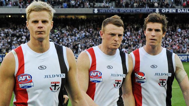 Brendon Goddard (centre) and Lenny Hayes will be part of the Ross Lyon team to turn around St Kilda’s fortunes.