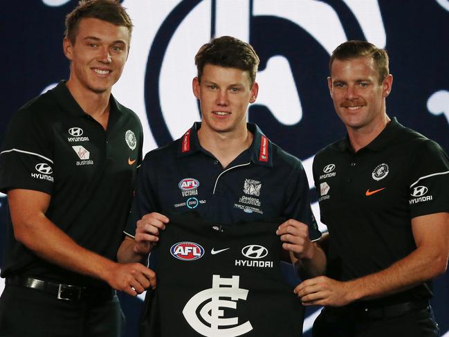 2018 AFL Draft at Marvel Stadium, Melbourne.  Carlton take Sam Walsh at number 1 pick in the draft with co captains Patrick Cripps and Sam Docherty   . Pic: Michael Klein