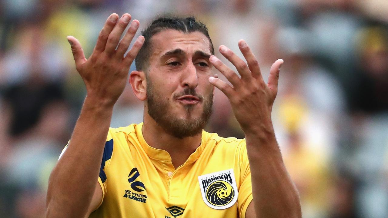 Giancarlo Gallifuoco of the Mariners reacts during the Round 6 A-League match between the Central Coast Mariners and Adelaide United at Central Coast Stadium in Gosford, Saturday, November 16, 2019. (AAP Image/Jeremy Ng) NO ARCHIVING, EDITORIAL USE ONLY