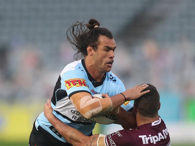 Cronulla's Toby Rudolf during the Round 7 NRL match between Manly and Cronulla at Central Coast Stadium, Gosford. Picture: Brett Costello