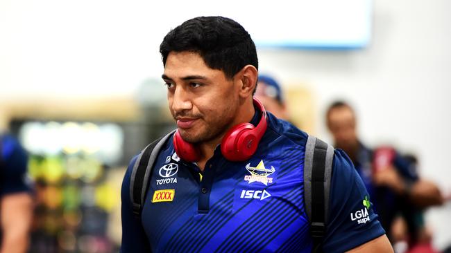 Jason Taumalolo arrives back in Townsville after aufferuing a knee injury in the loss to Brisbane.