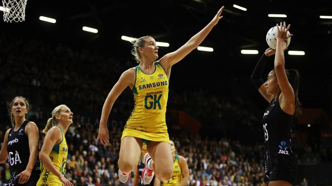 Diamonds goal keeper Courtney Bruce defends against Maria Folau of the Silver Ferns during the Constellation Cup match in Hamilton. Picture: Getty Images