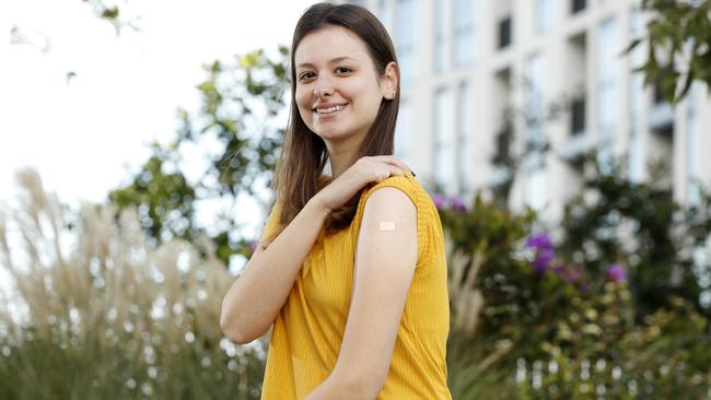 Aged care worker Rafaella Vicentin was vaccinated on Tuesday. Picture: Jonathan Ng