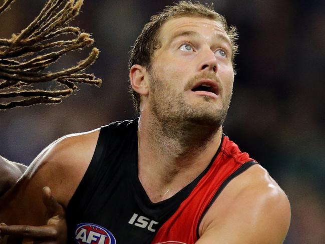 PERTH, WESTERN AUSTRALIA - JUNE 21:  Nic Naitanui of the Eagles contests a ruck with Tom Bellchambers of the Bombers during the round 14 AFL match between the West Coast Eagles and the Essendon Bombers at Optus Stadium on June 21, 2018 in Perth, Australia.  (Photo by Will Russell/AFL Media/Getty Images)