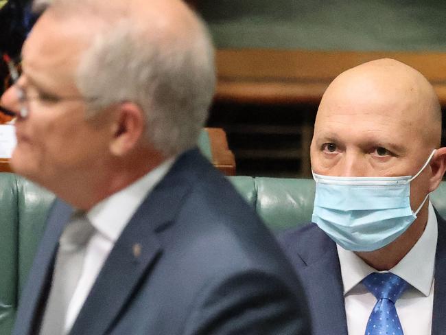 CANBERRA, AUSTRALIA - NewsWire Photos OCTOBER 21, 2021: The Prime Minister Scott Morrison and Peter Dutton during Question Time in the House of Representatives in Parliament House Canberra.Picture: NCA NewsWire / Gary Ramage