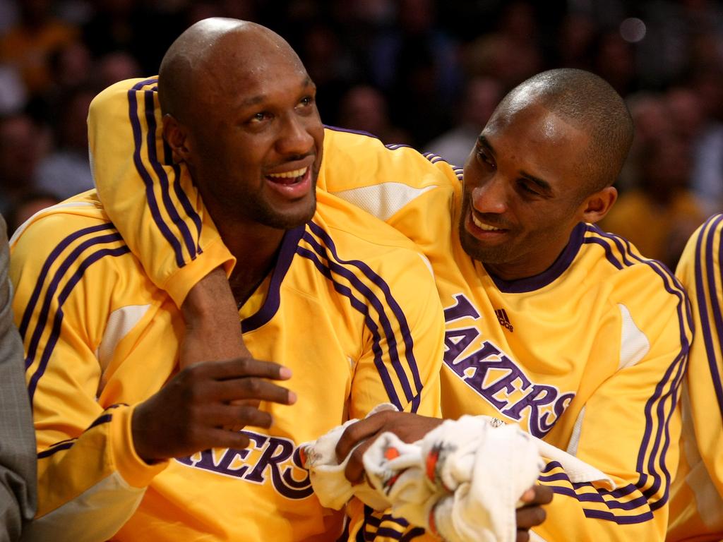 Lamar Odom and Kobe Bryant of the Los Angeles Lakers have a playful moment on the bench after Odom fouled out of the game with the Chicago Bulls at Staples Center November 18, 2008 in Los Angeles. Picture: Getty