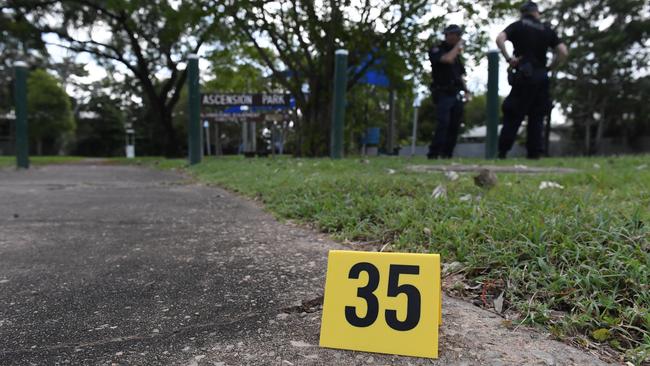 Police put out markers in Ascension Park where an alleged police shooting of a young Aboriginal man happen in Palmerston suburb of Gray. Picture: (A)manda Parkinson