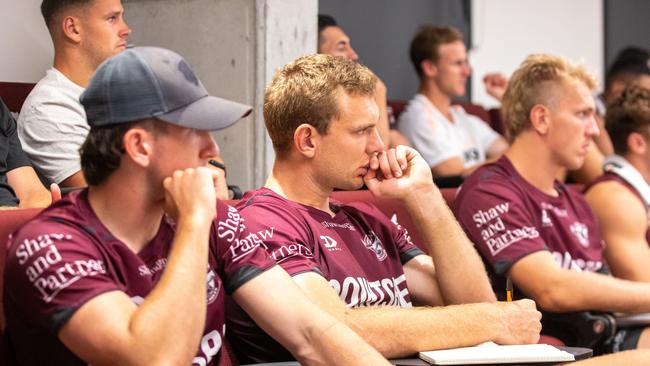 Field had the full attention of Manly players, as he opened up on his rollercoaster career and tumultuous post-football life. Picture: Alfred Naupoto (Manly Media).