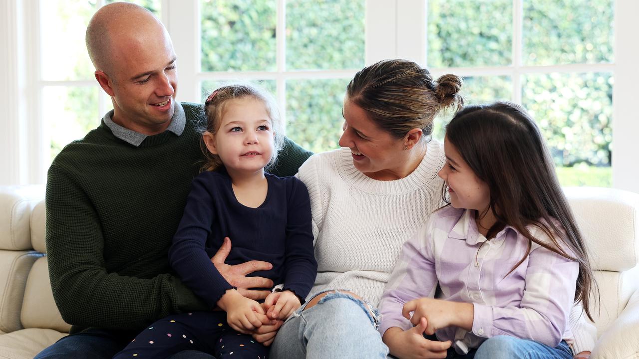 Matt and Brie Sutton with their daughters Layla, 4, and Phoebe, 6. Picture: Tim Hunter.