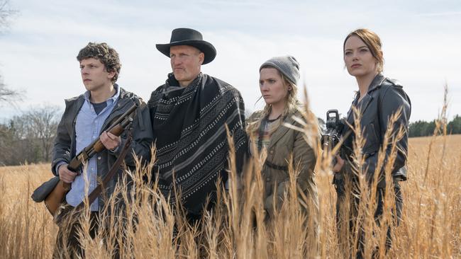 Jesse Eisenberg, Woody Harrelson, Abigail Breslin and Emma Stone in Zombieland: Double Tap.