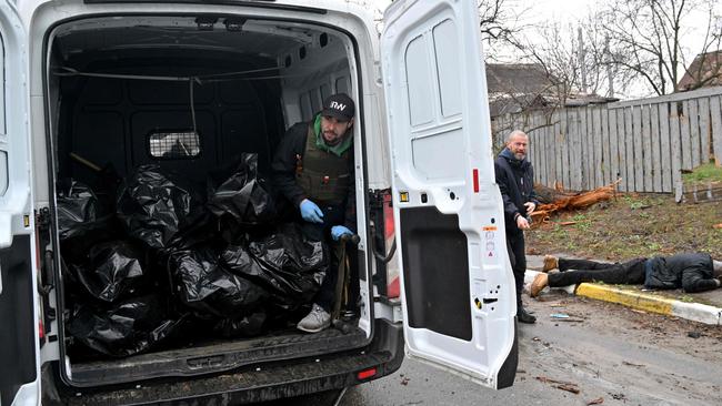 A van is piled with body bags in Bucha. Picture: AFP.