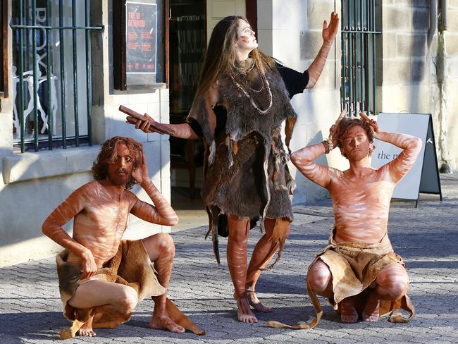 Sinsa Mansell (centre) is co-founder, choreographer and performer of Indigenous dance group pakana kanaplila. Pictured with dancers Harley Jac Mansell and Jamie Graham. Picture: Matt Thompson