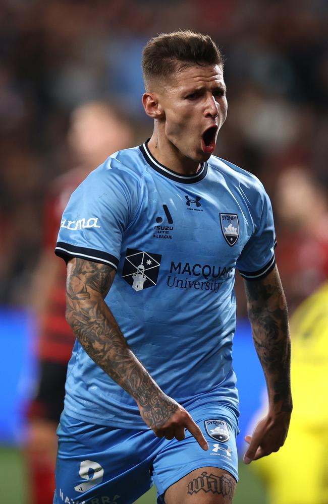 Patryk Klimala celebrates his goal for Sydney FC. Picture: Getty Images