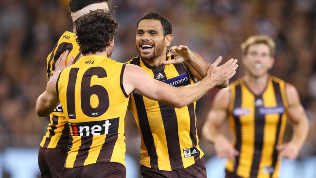 Cyril Rioli celebrates his goal in the third quarter. Picture: Michael Klein