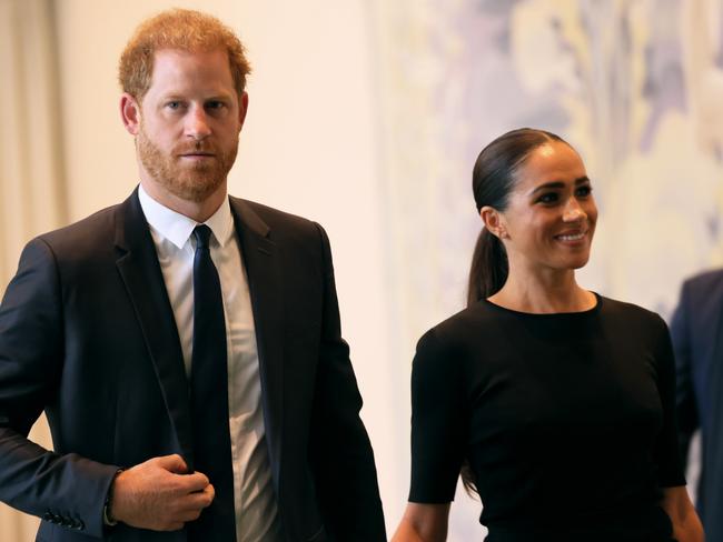 NEW YORK, NEW YORK - JULY 18:  Prince Harry, Duke of Sussex and Meghan, Duchess of Sussex arrive at the United Nations Headquarters on July 18, 2022 in New York City. Prince Harry, Duke of Sussex is the keynote speaker during the United Nations General assembly to mark the observance of Nelson Mandela International Day where the 2020 U.N. Nelson Mandela Prize will be awarded to Mrs. Marianna Vardinogiannis of Greece and Dr. Morissanda KouyatÃÂ© of Guinea.  (Photo by Michael M. Santiago/Getty Images)