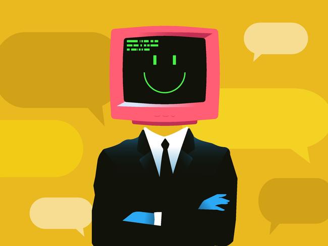 Man with smiling retro monitor head. Chatbot, online assistant, artificial intelligence concept vector illustration. Picture: iStock