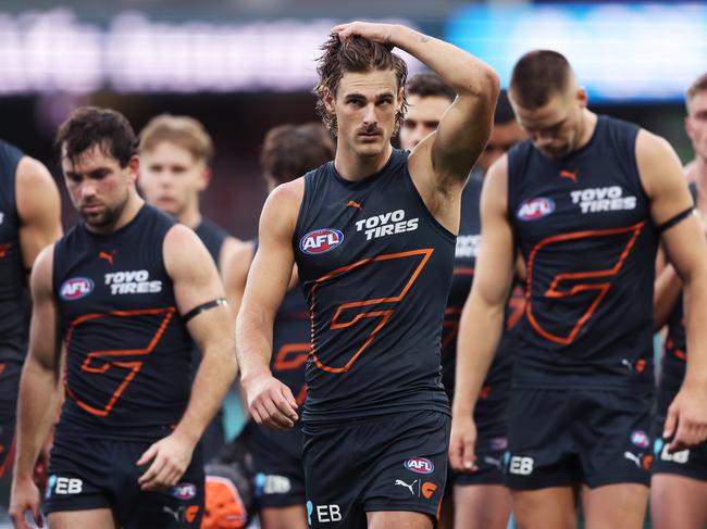 SYDNEY, AUSTRALIA - MAY 04:  James Peatling of the Giants and team mates look dejected after the round eight AFL match between Sydney Swans and Greater Western Sydney Giants at SCG, on May 04, 2024, in Sydney, Australia. (Photo by Matt King/AFL Photos/via Getty Images )