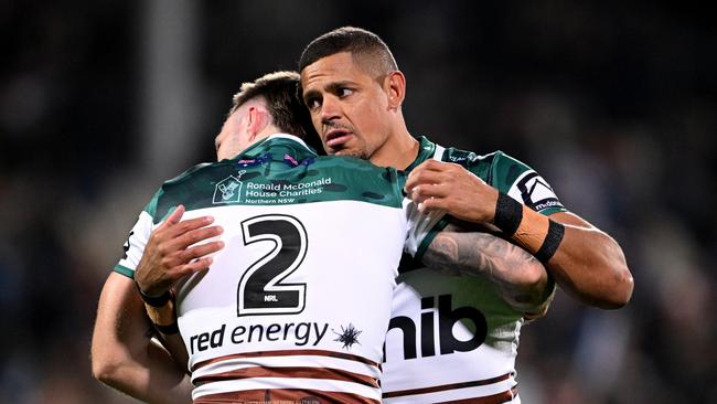CHRISTCHURCH, NEW ZEALAND - APRIL 25: Dane Gagai of the Newcastle Knights warms up ahead of the round eight NRL match between New Zealand Warriors and Newcastle Knights at Apollo Projects Stadium, on April 25, 2025, in Christchurch, New Zealand. (Photo by Joe Allison/Getty Images)