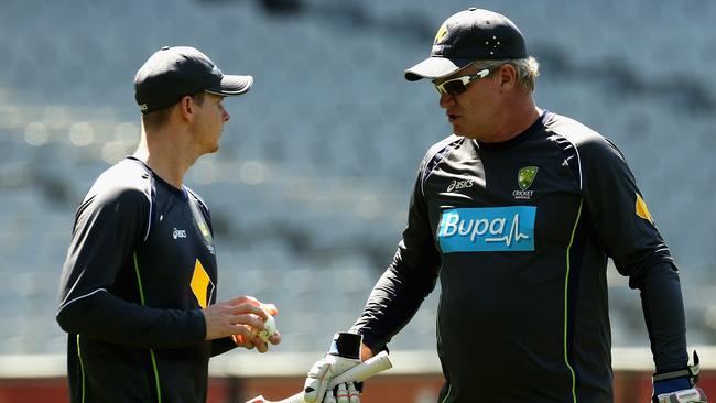 Dean Jones speaks with Steve Smith during his time as Australia’s batting coach.