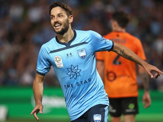 Milos Ninkovic of Sydney FC celebrates scoring a goal during the Round 9 A-League match between Sydney FC and Brisbane Roar at Netstrata Jubilee Stadium in Sydney, Saturday, December 7, 2019. (AAP Image/Jeremy Ng) NO ARCHIVING, EDITORIAL USE ONLY