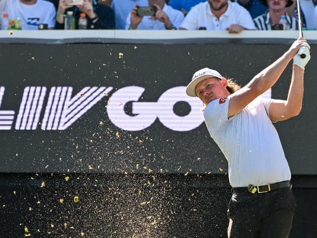 ADELAIDE, AUSTRALIA - APRIL 22: Cam Smith of Ripper GC tees off on the 12th hole during day two of Liv Golf Adelaide at The Grange Golf Course on April 22, 2023 in Adelaide, Australia. (Photo by Asanka Ratnayake/Getty Images)