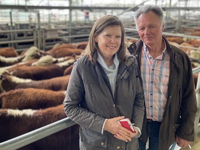Cattle breeders Kym and Ken Skews from Ensay who sold an outstanding line of 169 Hereford steers to a top of $2350 or 626c/kg at the Bairnsdale store sale.