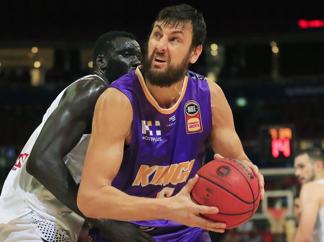 Andrew Bogut on court for the Kings during his final season. Picture: Mark Evans/Getty Images