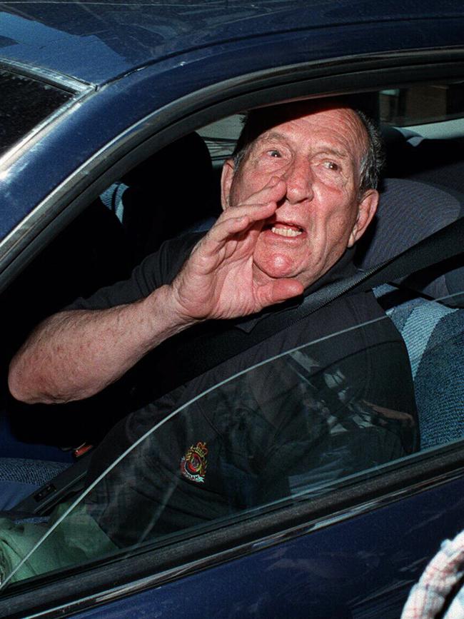 “Mr Big” criminal Lennie McPherson leaves NSW Wood Royal Commission in 1995. Picture: Supplied