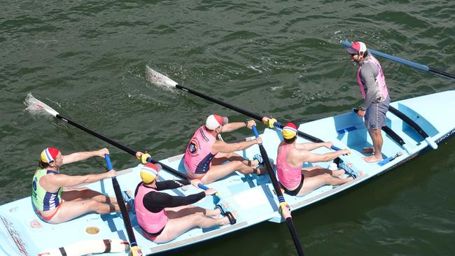 The Coffs Harbour crew working hard at the two-day surf boat carnival on the Nambucca River. Picture: Chris Knight