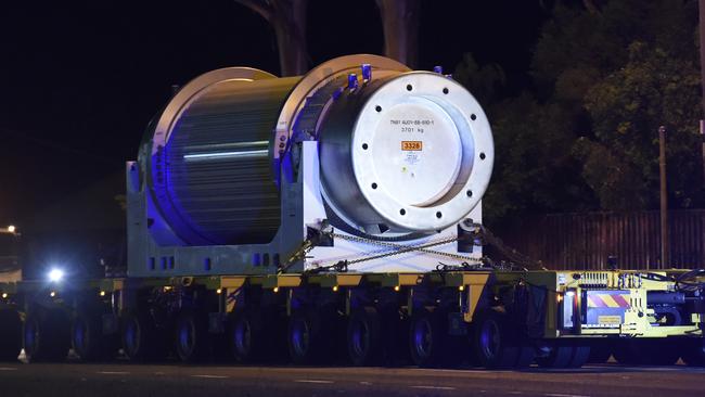 Nuclear waste is transported by road from a ship in Wollongong to the Lucas Heights Nuclear Reactor.