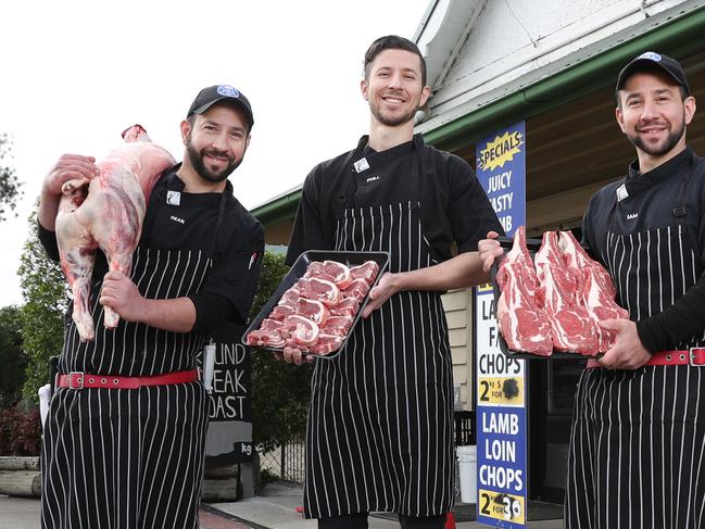 Pictured at their family owned butcher shop, M&amp;A Butchery in Wilberforce in north west Sydney are brothers Dean Diasinos, Phil Diasinos and Sam Diasinos. Picture: Richard Dobson