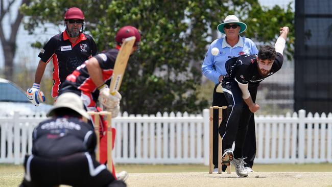 Magpies Conor Bryant bowling to Norths Peter Shepherd. Picture: Tony Martin