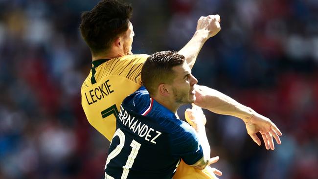 Lucas Hernandez and Mathew Leckie had quite a tussle. Picture: AFP.