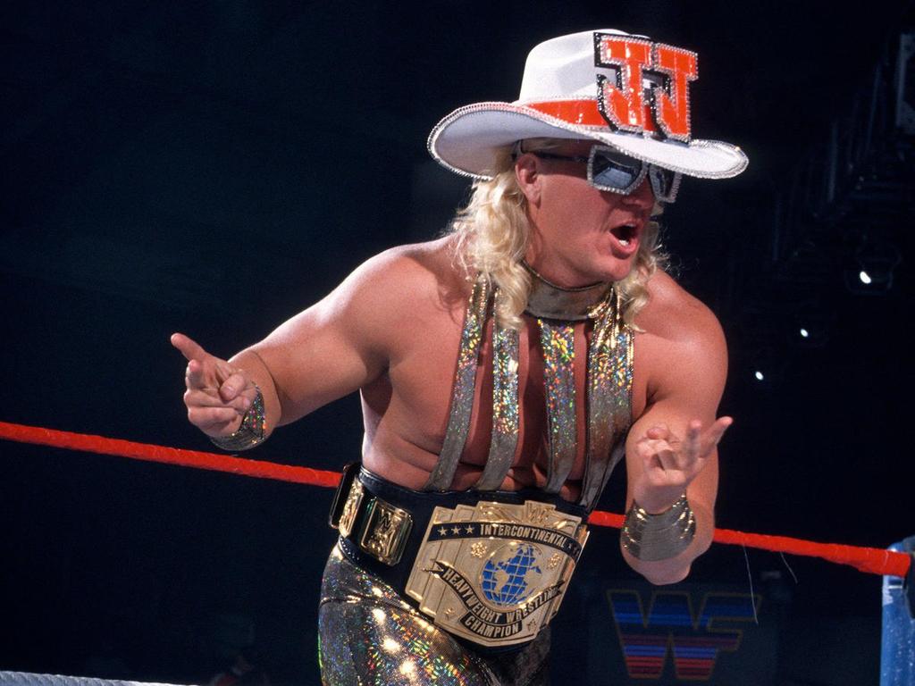 Jeff Jarrett does his signature strut while wearing the WWF Intercontinental Title. Picture: WWE