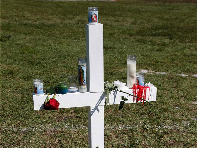 A memorial for the victims of the Marjory Stoneman Douglas High School shooting sits in a park in Parkland, Florida. Picture: AFP